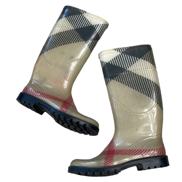 Burberry Nova Check Rubber Rain Boots Mid Calf Beige Plaid Wellies Sz 36 - Picture 1 of 12